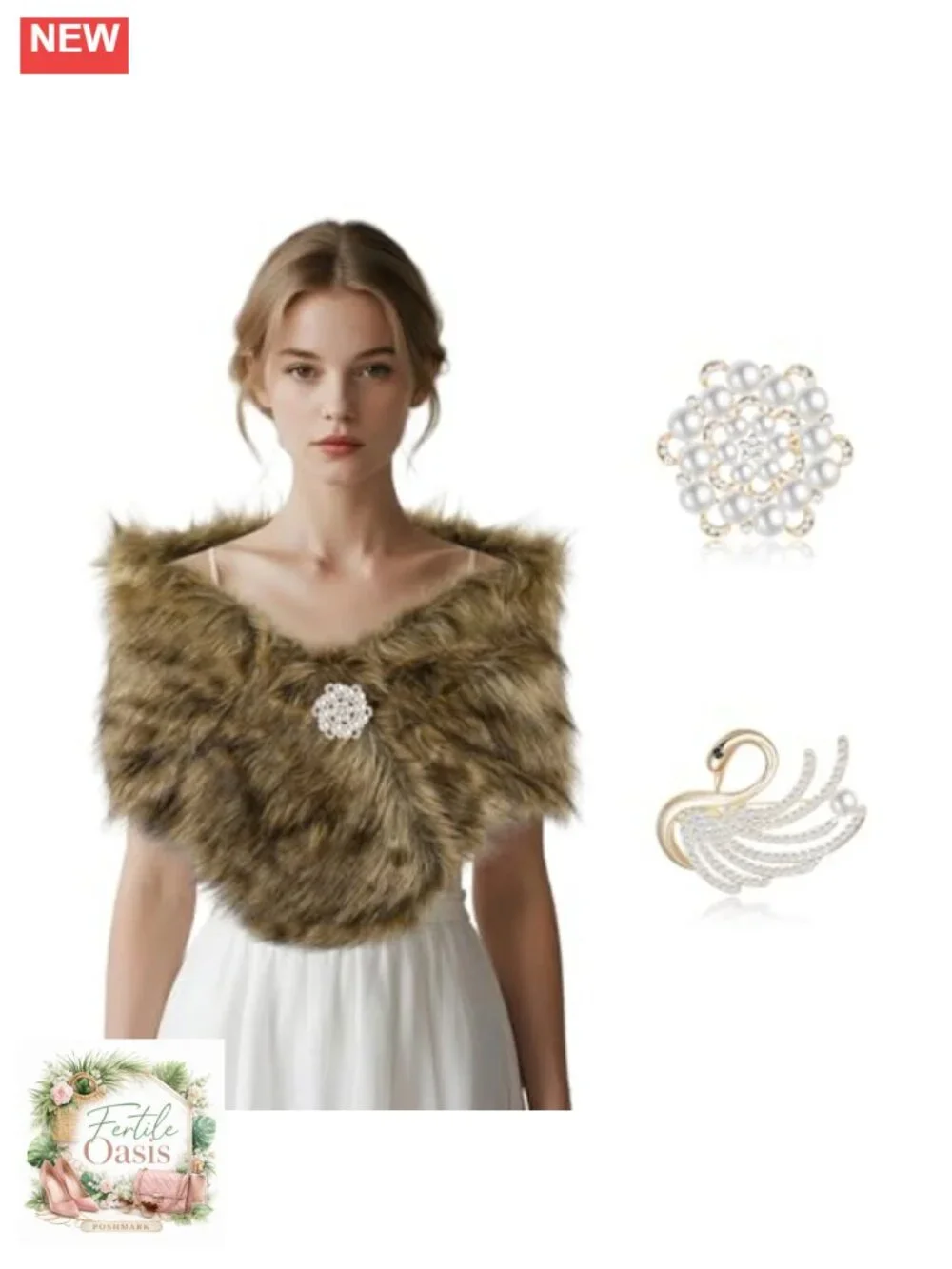 Faux Fur Shawl Wrap Sleeveless Winter Stole Bridal Wedding Party with Brooch